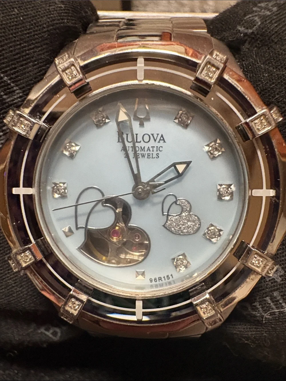 Bulova Silver Bracelet Watch with Light Blue Dial and Heart Open-Heart